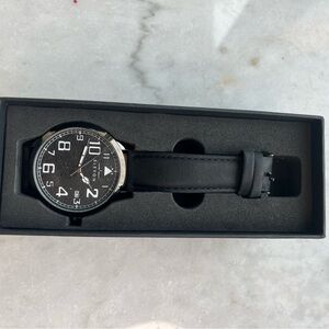 Black Minimalist Watch with Leather Strap and Stainless Steel Case